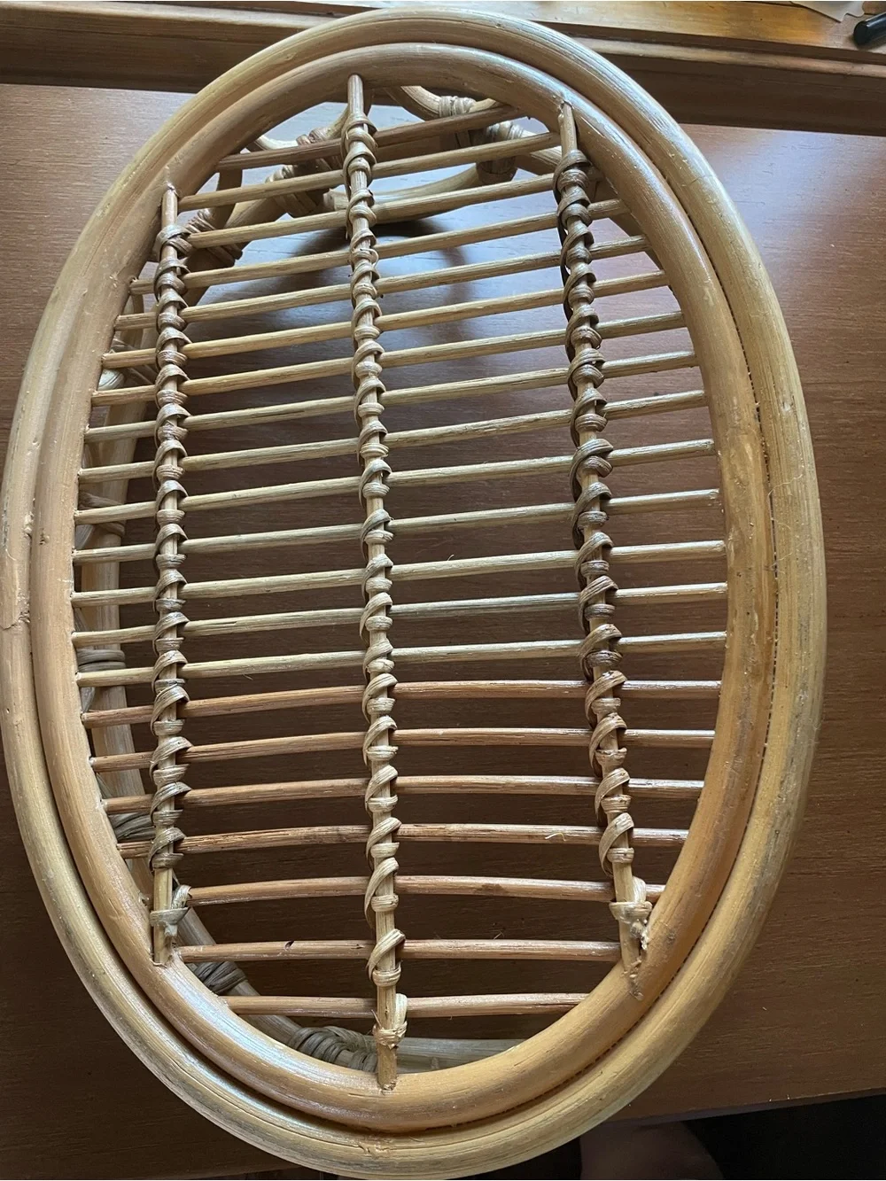 Handwoven Rattan Bamboo Boho Oval Serving Tray w/ handles 16.5” x 12